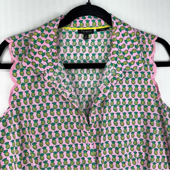 Talbots Pink/Green Colorful Pineapple Print Sleeveless Blouse Size 12 Scalloped - Picture 4 of 5